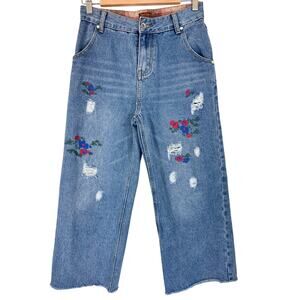 POL Embroidered Floral Wide Leg Cropped Jeans | Medium Wash | SZ S